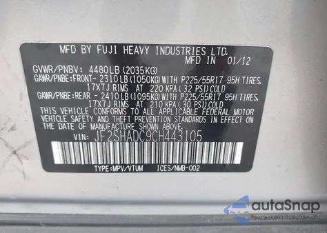 2012 Subaru Forester 2.5X Premium z USA, uszkodzony, nr VIN JF2SHADC9CH443105